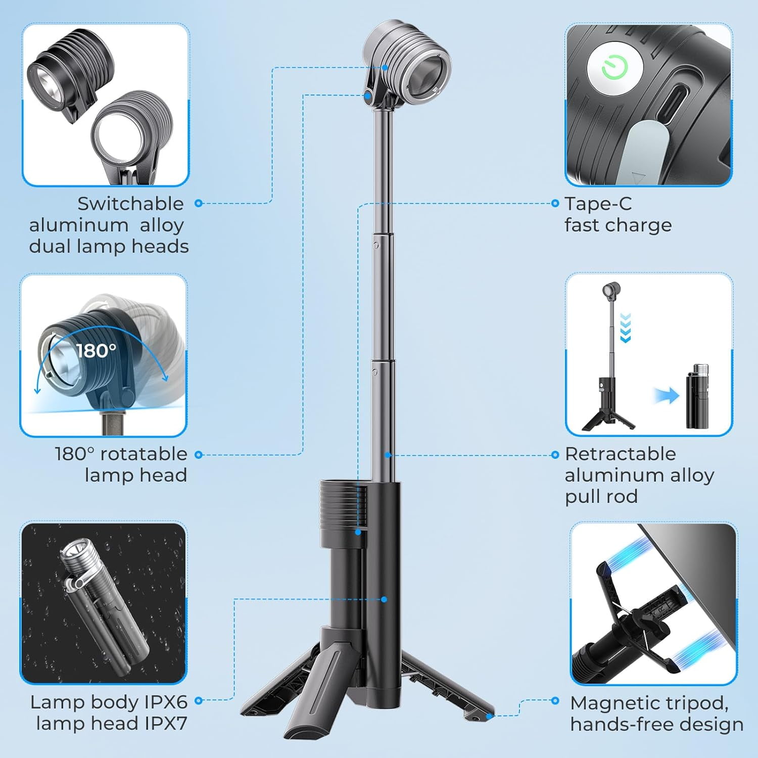Flashlight Camping Light 2in-1, 180°Flip Double Lamp 8-Mode Rechargeable LED Bright Flash Light Camp Lantern Reading Light Waterproof 4500mAh for Outdoor Home Emergency, Gift for Men Women