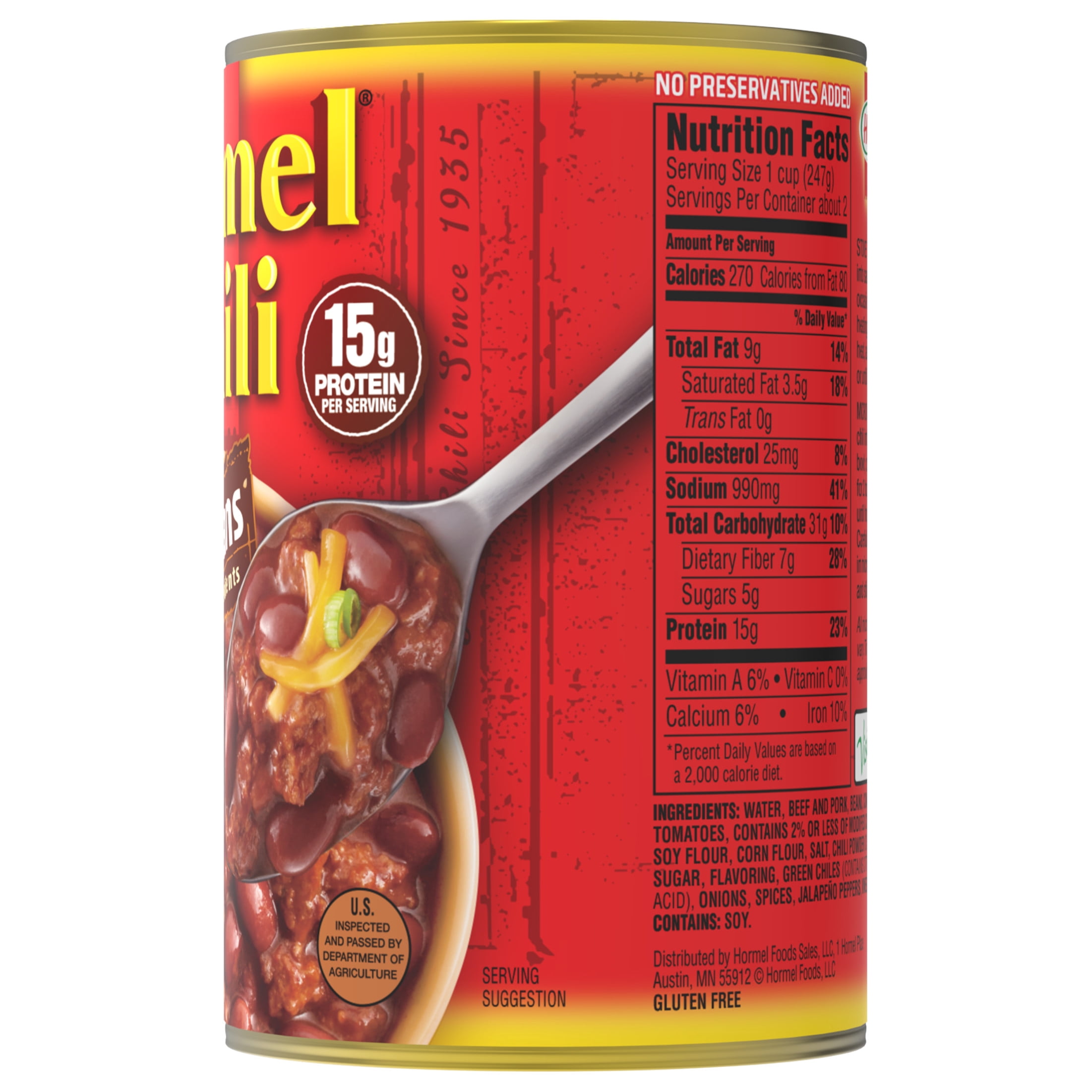HORMEL Chili with Beans, No Artificial Ingredients, 15 oz Steel Can
