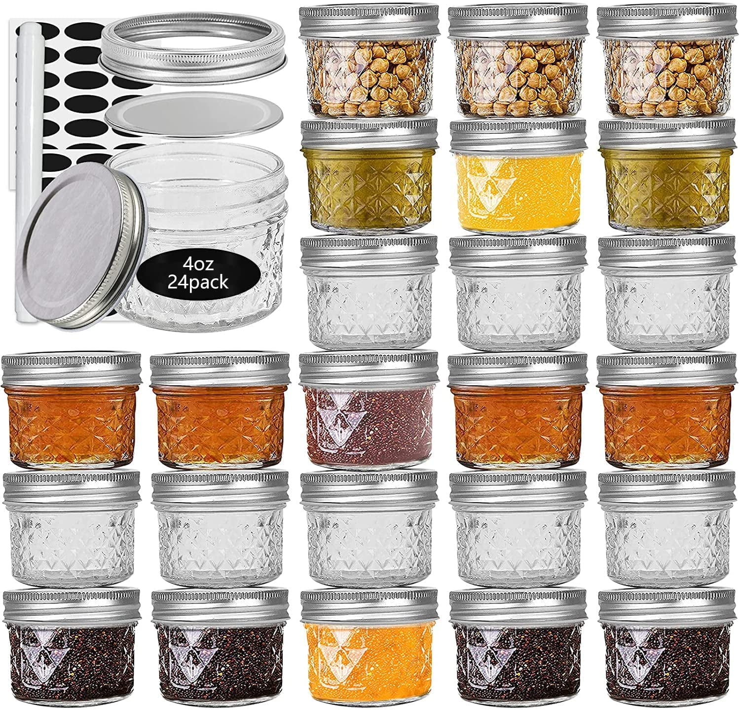 Mini Mason Jars 4OZ (24-PACK) Canning Jars, Small Jelly Jars With Silver Metal Airtight Lids and Chalkboard Labels, for Jam, Honey, Wedding Favors, ...