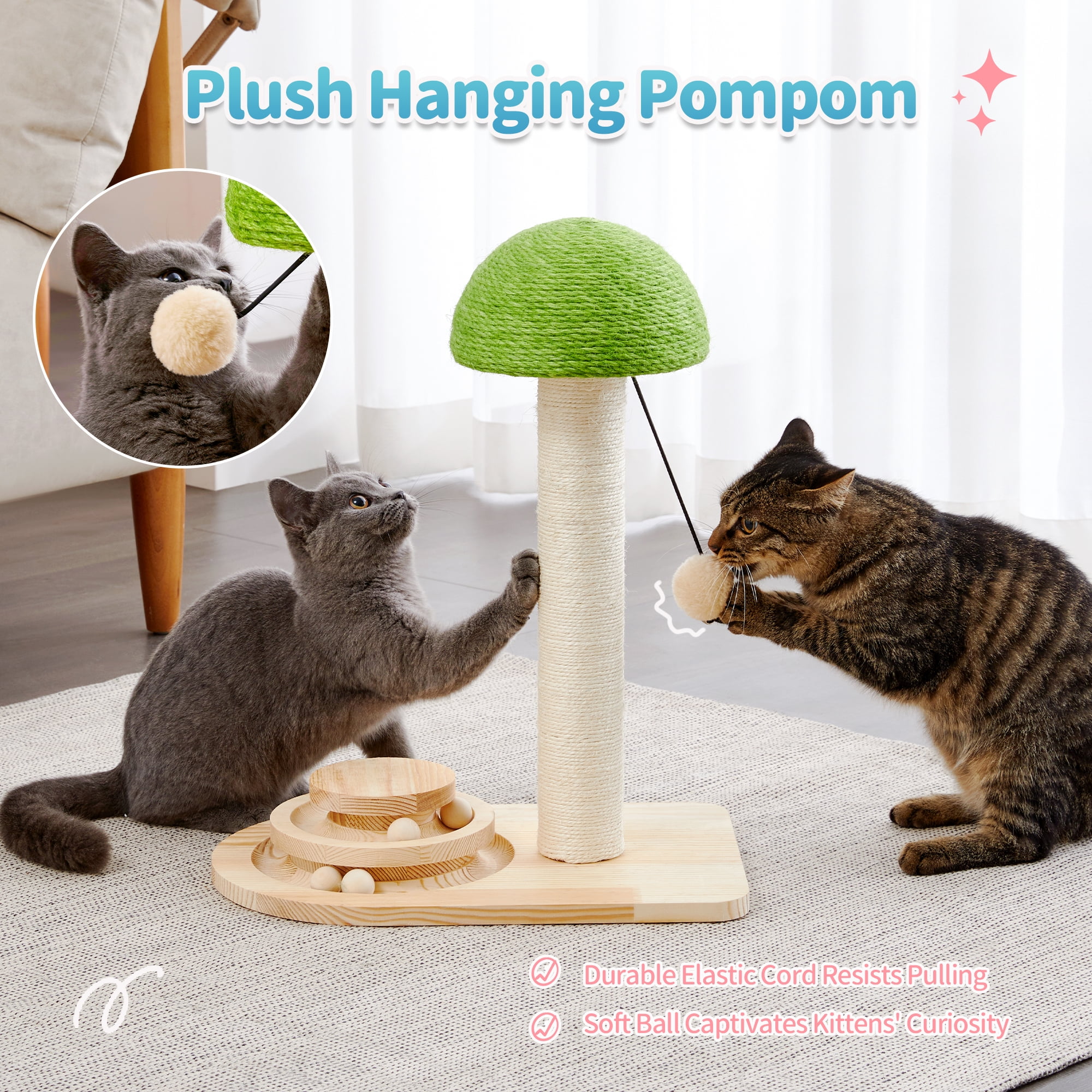 Made4Pets Cat Scratching Post Wood Scratch with Interactive Track Ball Toy, Sisal Ropes and Dangling Cat Toy 20", Green