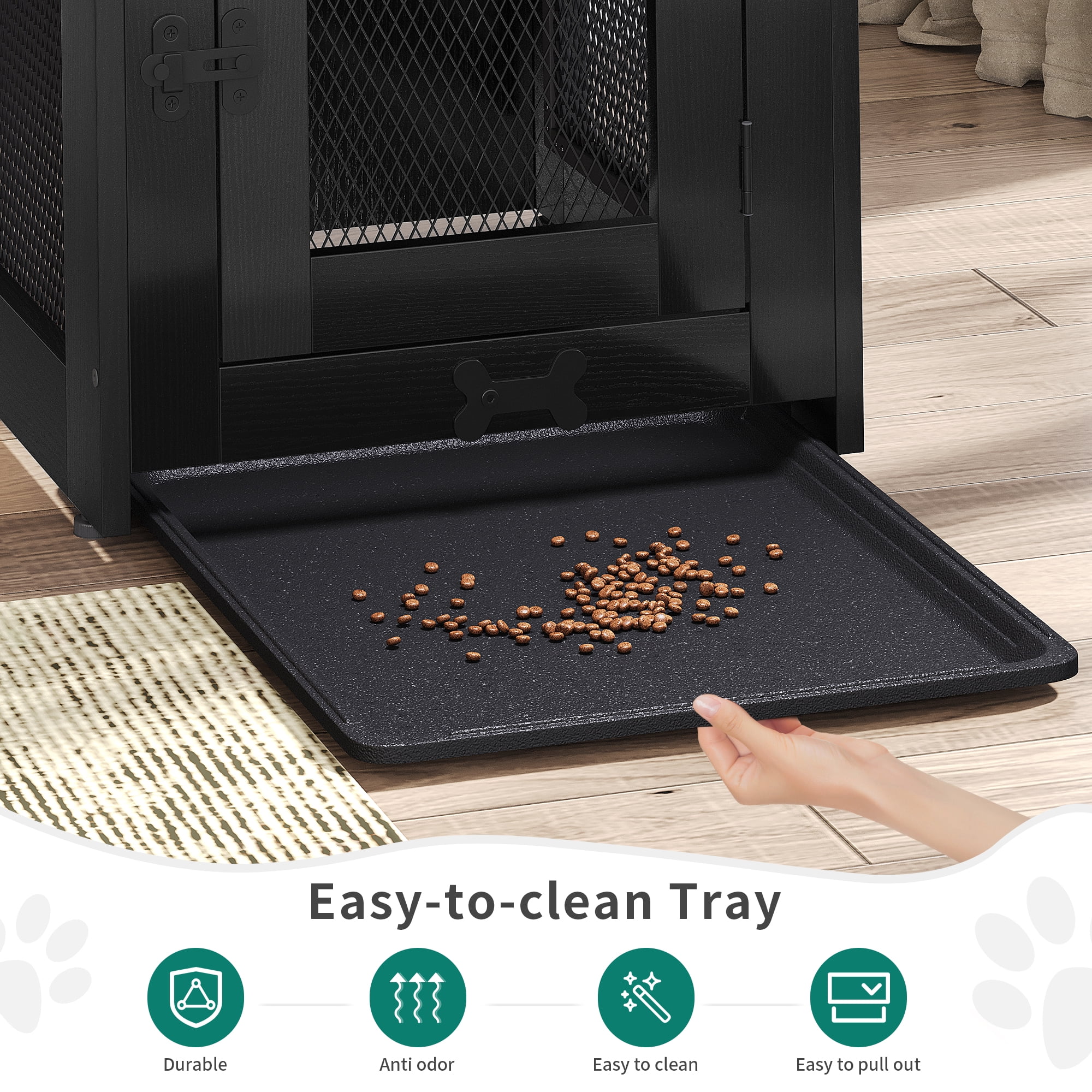 Dextrus Wooden Dog Kennel End Table with Dual USB Charger, Dog Crate Furniture, Drawer for Small Dogs Under 25 lbs Indoor Use, Black