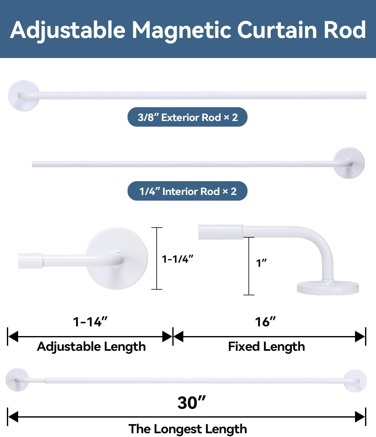 Sparklane -2 Pack Magnetic Curtain Rod for Metal Doors,French Door Magnetic Curtain Rods Adjustable from 18 to 30 Inch,3/8 Inch Diameter, Magnet Cafe Curtains Rod,No Tool and Easy Installation,White