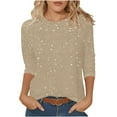thumbnail image 3 of Women's 3/4 Sleeve Round Neck T-Shirt Tops Blouses Solid Color Casual Daily Wear Work Office Vacation Fashion Essential Gift for Women | CSEONE,Beige L, 3 of 9