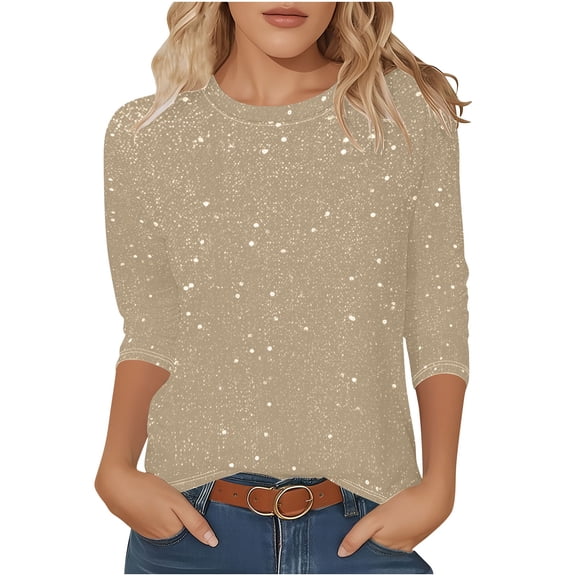Staron Women's Casual Tops 3/4 Sleeve Round Neck Blouse Loose Comfy Fashion Basic Tee Shirt, Beige L