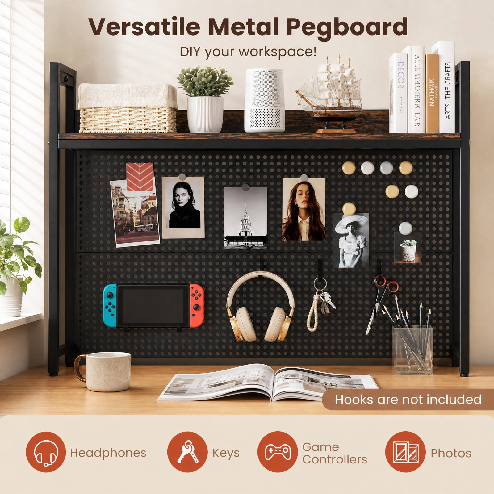 Furnibear Multipurpose 2-Tier Desktop Bookshelf with Pegboard for up to 32 Inch Computer Monitor for Living Room Home Office Bedroom, Rustic Brown