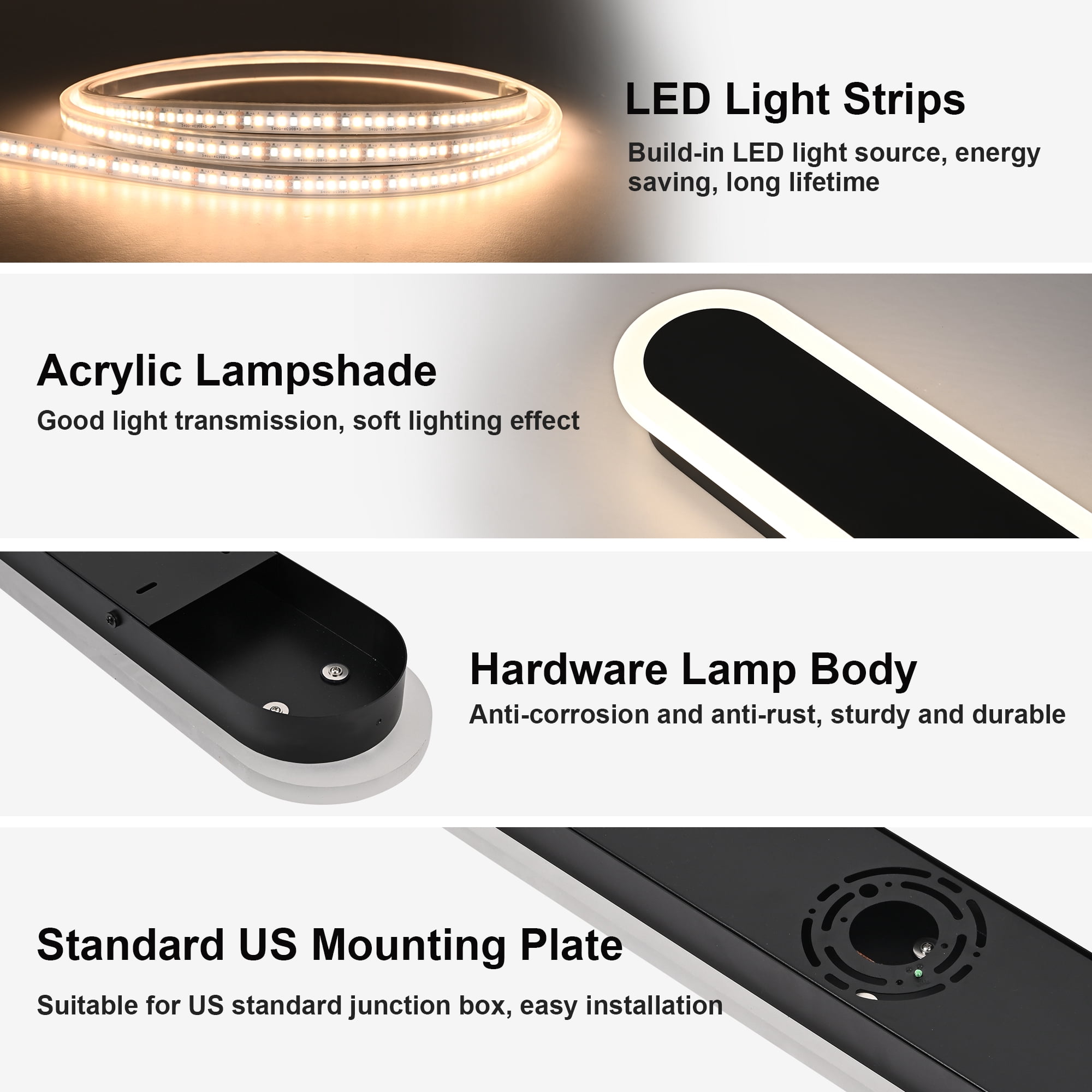 Melucee 2 Pack 60inch Long Oval Outdoor Modern LED Wall Light, 3000K-6000K Dimmable Outdoor Wall Sconces Waterproof Wall Mount Lighting Fixture Rectangular Black Wall Lights for Porch Garage
