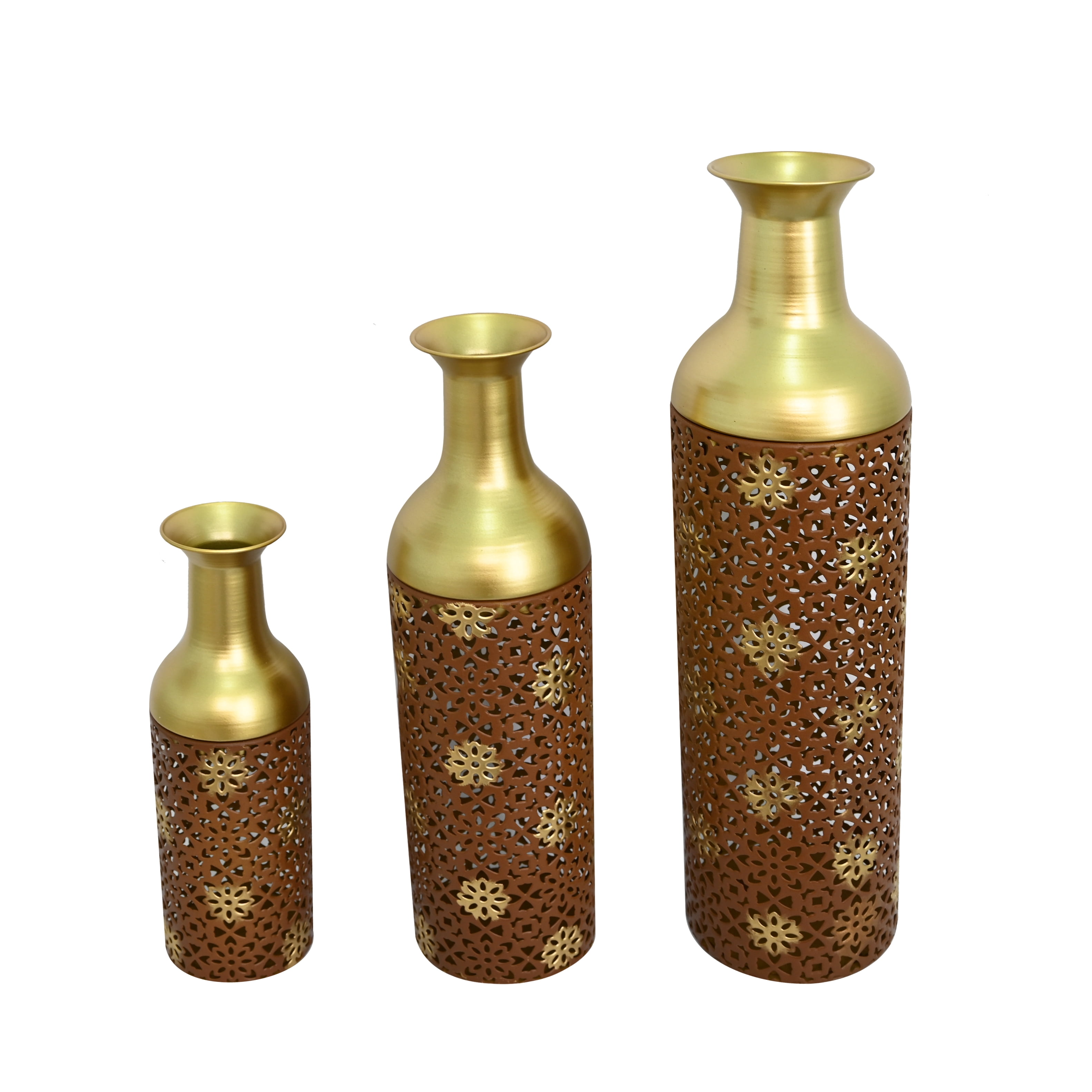 Metal Floor Vases Set of 3 with Leaf Pattern, Tall Decorative Vases and Home Decor Accents for Living Room Entryway, Rustic Brown