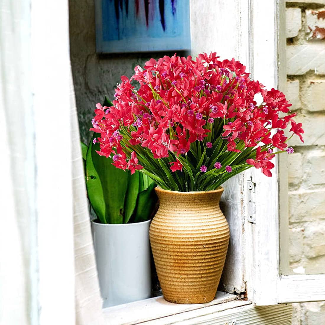 Sinhoon 10 Bundles Artificial Daffodils Flowers Faux Plastic Lotus Shrubs UV Resistant No Fade Faux Greenery For Bridal Bouquet Home Garden Hanging Planter Porch Patio Office Wedding Decoration(Red)