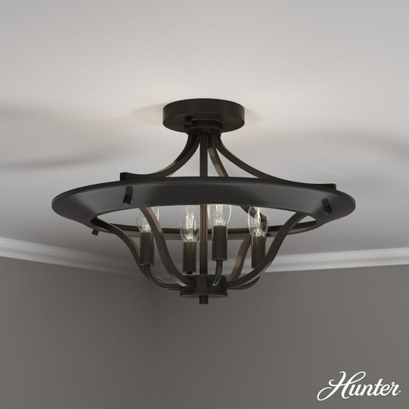 Hunter - Perch Point 4-light Noble Bronze, Extra Large Flush Mount Light, Dimmable, Casual Style, Empire Shaped, for Bedrooms, Dining, Living Rooms - 19422