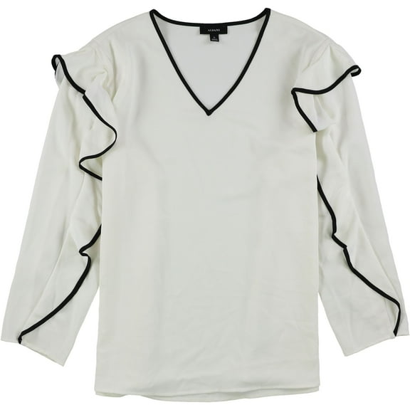 Alfani Womens Piped Ruffled Blouse, White, Large