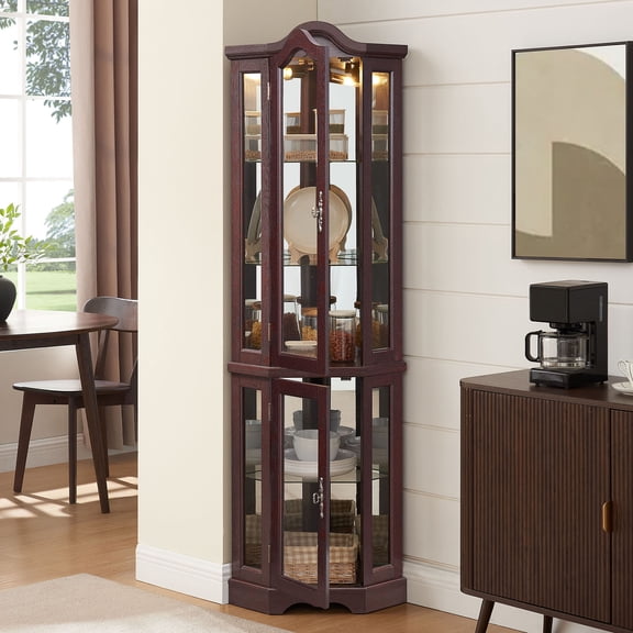 S-HOME Elegant Lighted Corner Curio Cabinet in Dark Cherry with Tempered Glass Doors and Shelves for Living Room Decor