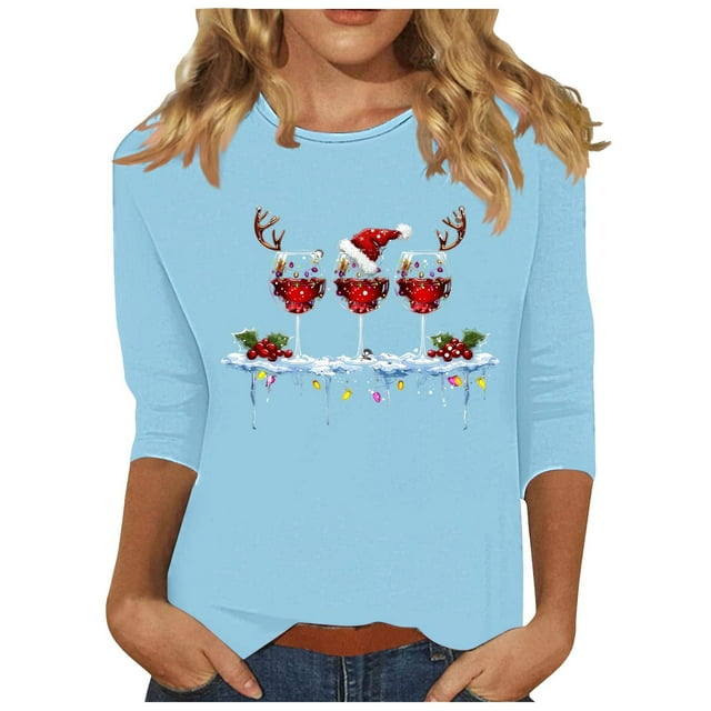 RKSTN Sweat-Shirt pour Femmes Mode Imprimé Décontracté Col Rond Pull Manches 3/4 Haut Chandail en Molleton de Noël