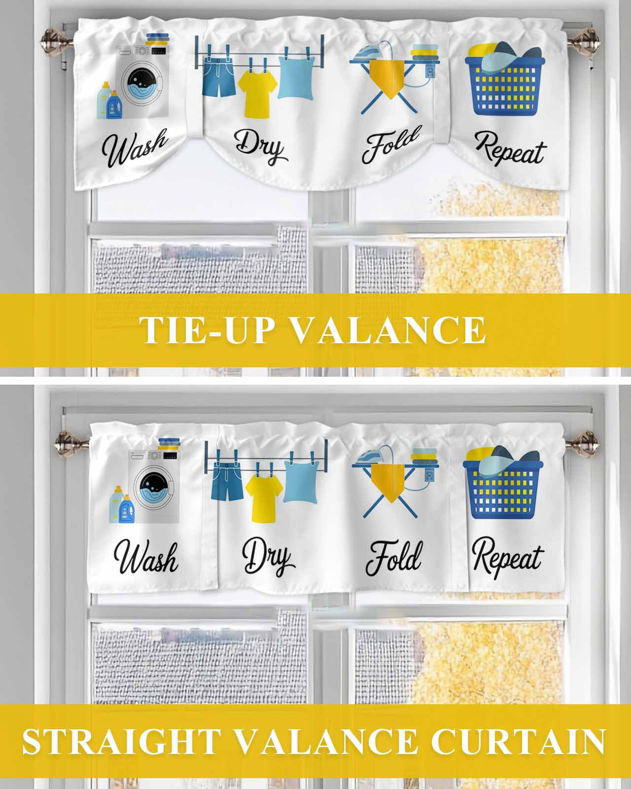 Laundry Room Tie Up Valances Curtain, Adjustable Kitchen Wash Dry Fold Repeat Valances for Windows Decor, Rod Pocket Short Curtains Set for Bedroom/Bathroom, 60"x18"