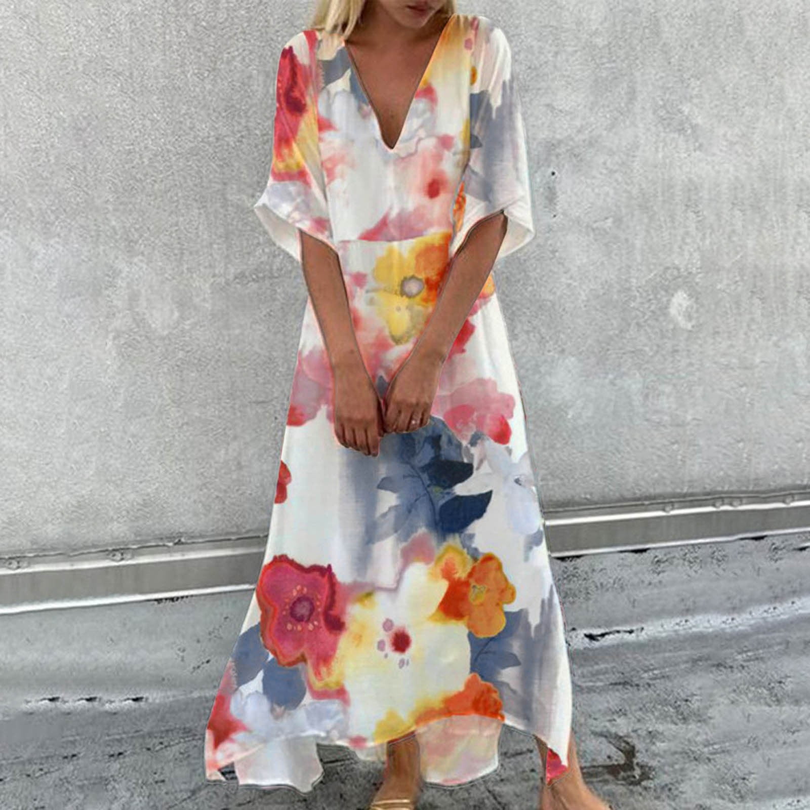 Jamsmile Womens Dress Summer Marble Floral Print Maxi Dresses Casual Half Sleeve Flowy Boho Holiday Long Tunic Sundress
