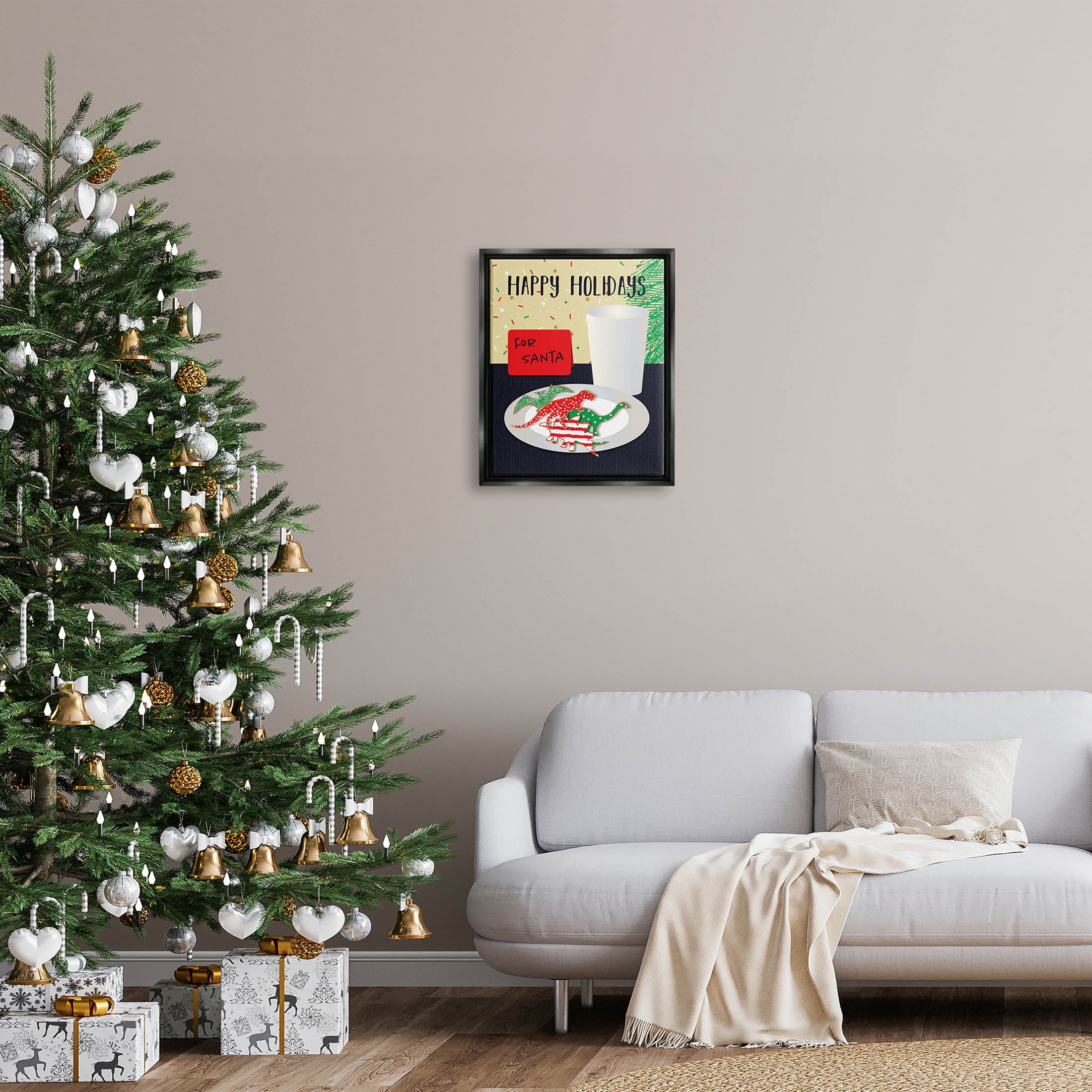 Happy Holidays Dinosaur Santa Cookies Holiday Graphic Art Jet Black Framed Art Print Wall Art