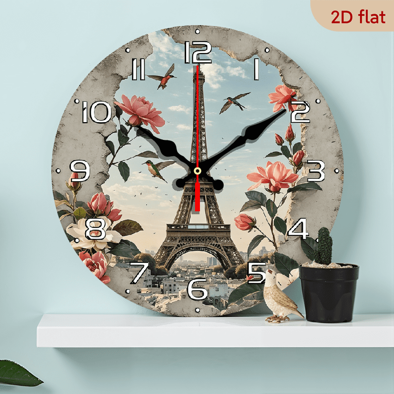 2 D Flat 1 pc 10 Inch Paris Eiffel Tower French Floral Wall Clock Round Vintage Bohemian Wood