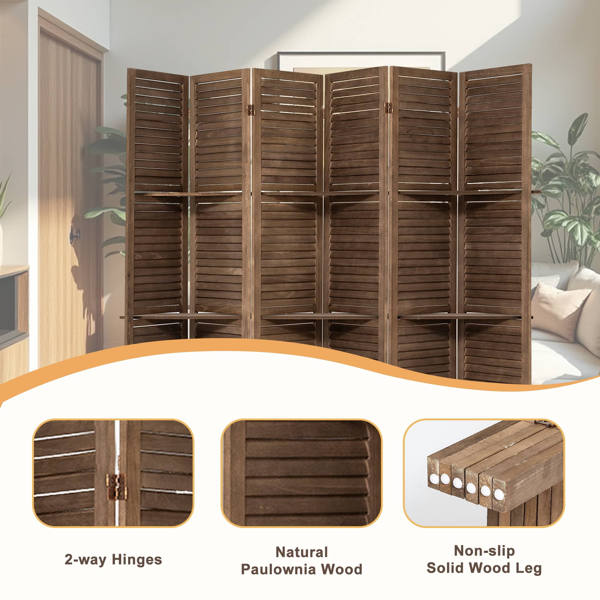 MAYEERTY 6 Panel Freestanding Room Divider, 5.6Ft Wood Privacy Screen with Shelves, Dark Brown