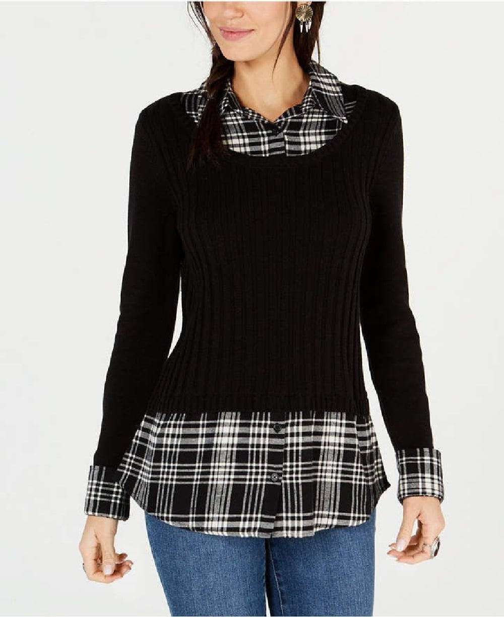 Style & Co. Style & Co Women's Plaid LayeredLook Ribbed Sweater Top