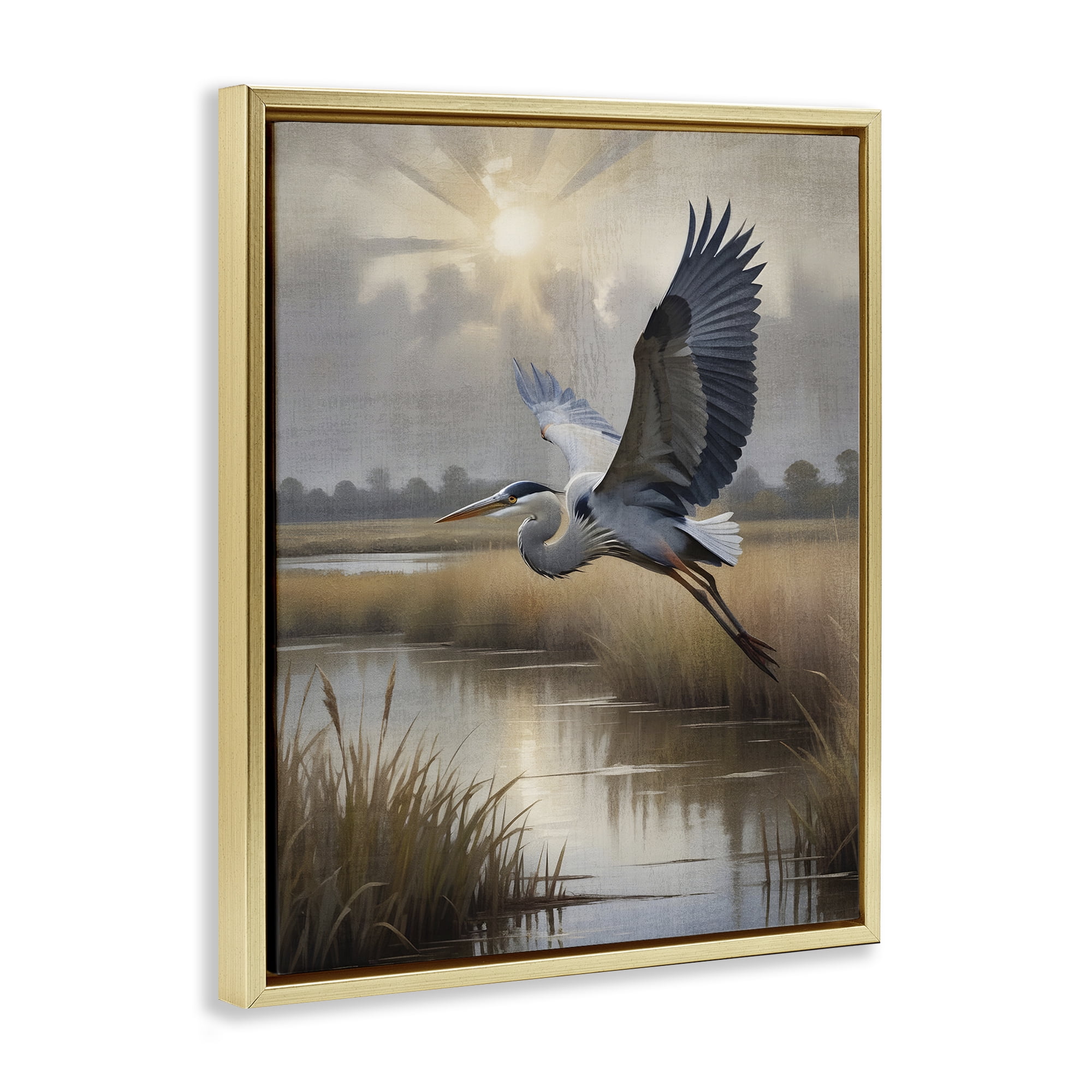 Stupell Industries Heron Flight over Wetlands Gold Framed Floater Canvas Wall Art, design by Susan Arnot