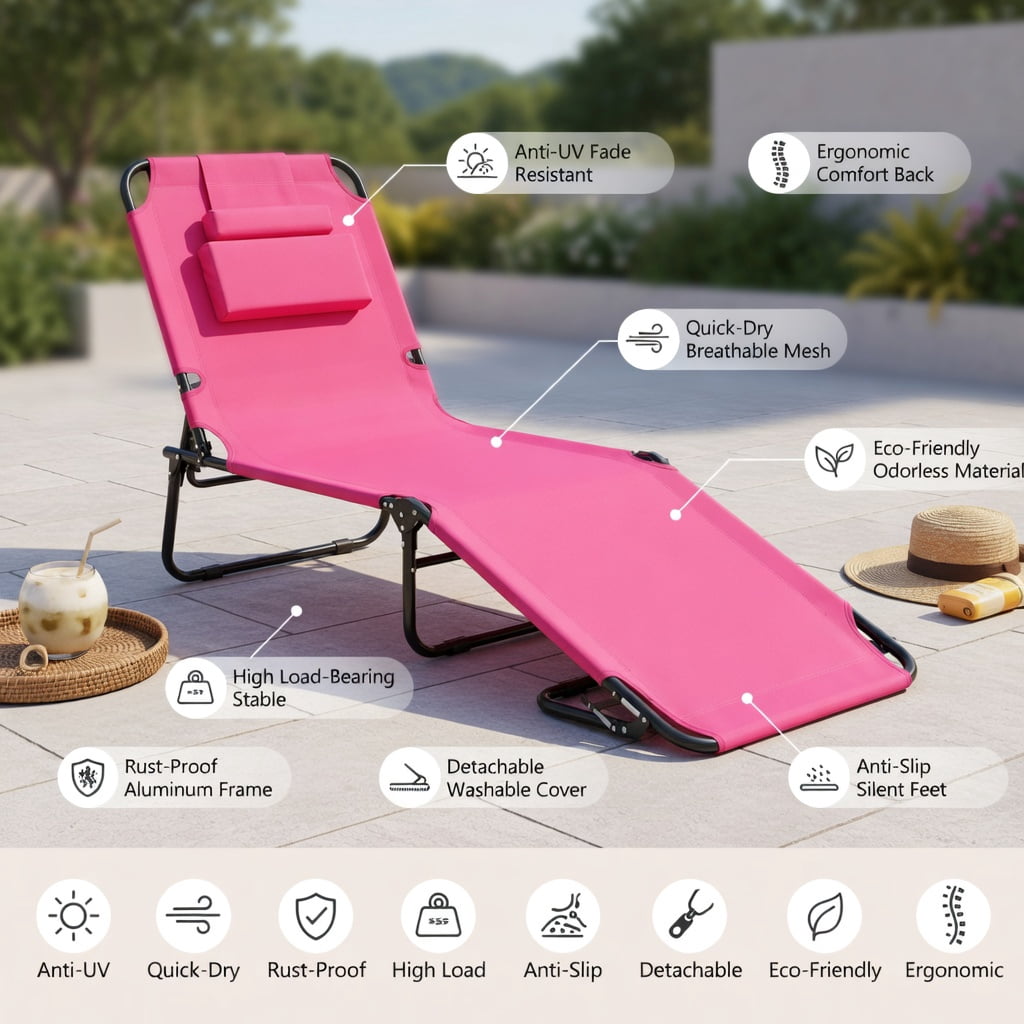 Hommoo Portable Folding Face-Down Tanning Chair with Adjustable Backrest, 3 Removable Zippered Pillows & Face Hole, Pink