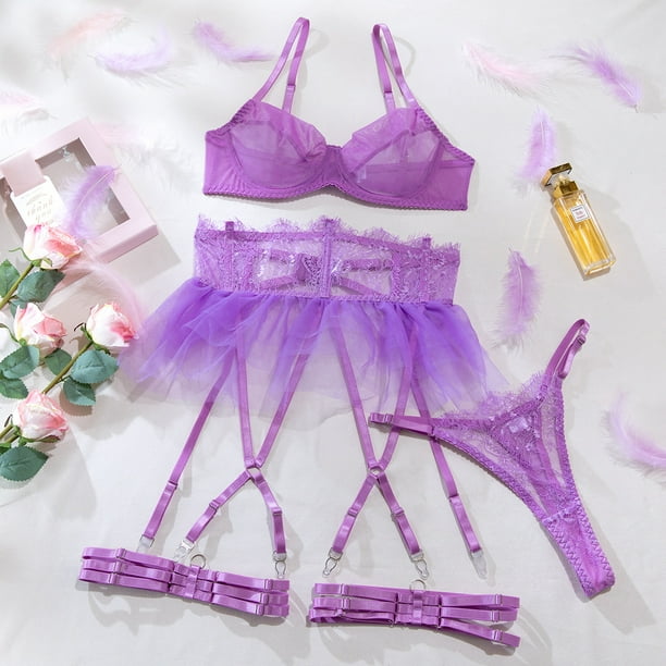 Conjunto de lencería erótica de 4 piezas con falda abullonada y velo negro transparente
