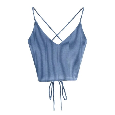 QYZEU Women s Spring Outfits Pure Color V Neck Backcross Crop Tops Aesthetic Cute Sleeveless Corset Top Comfortable Breathable Soft Lightweight Tops Blue One Size