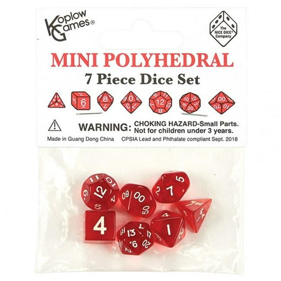 Koplow KPL19185 Mini Transparent Red & White Dice - 7 Piece