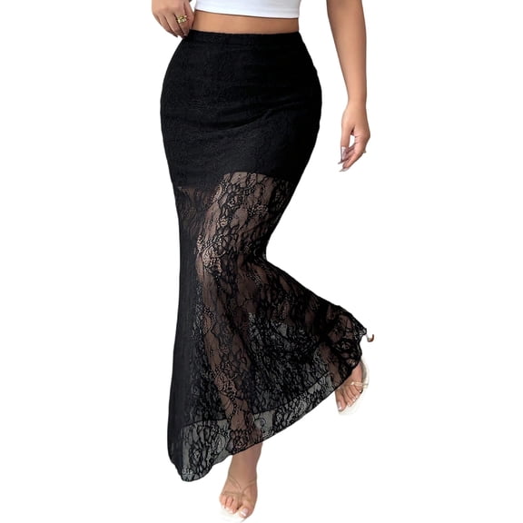 adaychics Long Lace Skirt High Waisted Women See Through Sheer Mesh Sexy Bodycon Maxi Skirt for Club Party Night Out