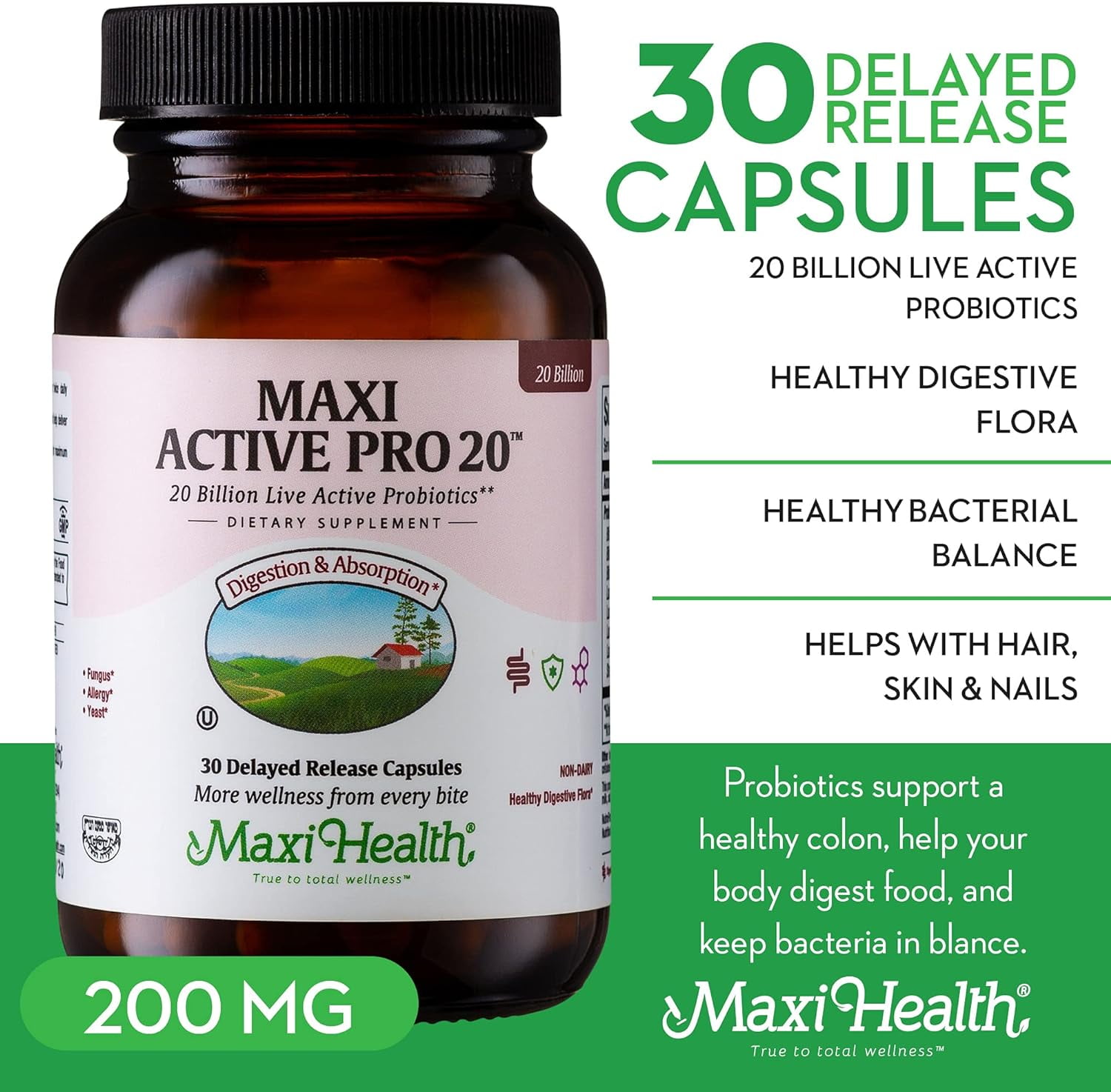 Maxi Health Active Pro-20 – 20 Billion Probiotics for Adults – Gut & Immune Support – 30 Capsules