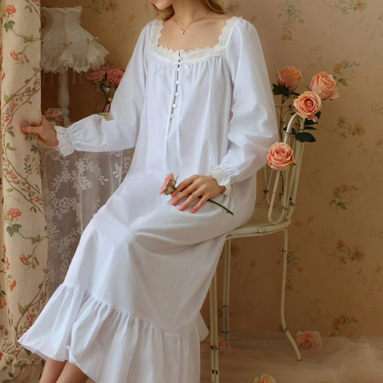 SWSMCLT Women's 100 Cotton Nightgown Vintage Loose Sleep Dress Mid-Length  Victorian Princess Long Sleeve Ruffle Fall White Medium - Walmart.com