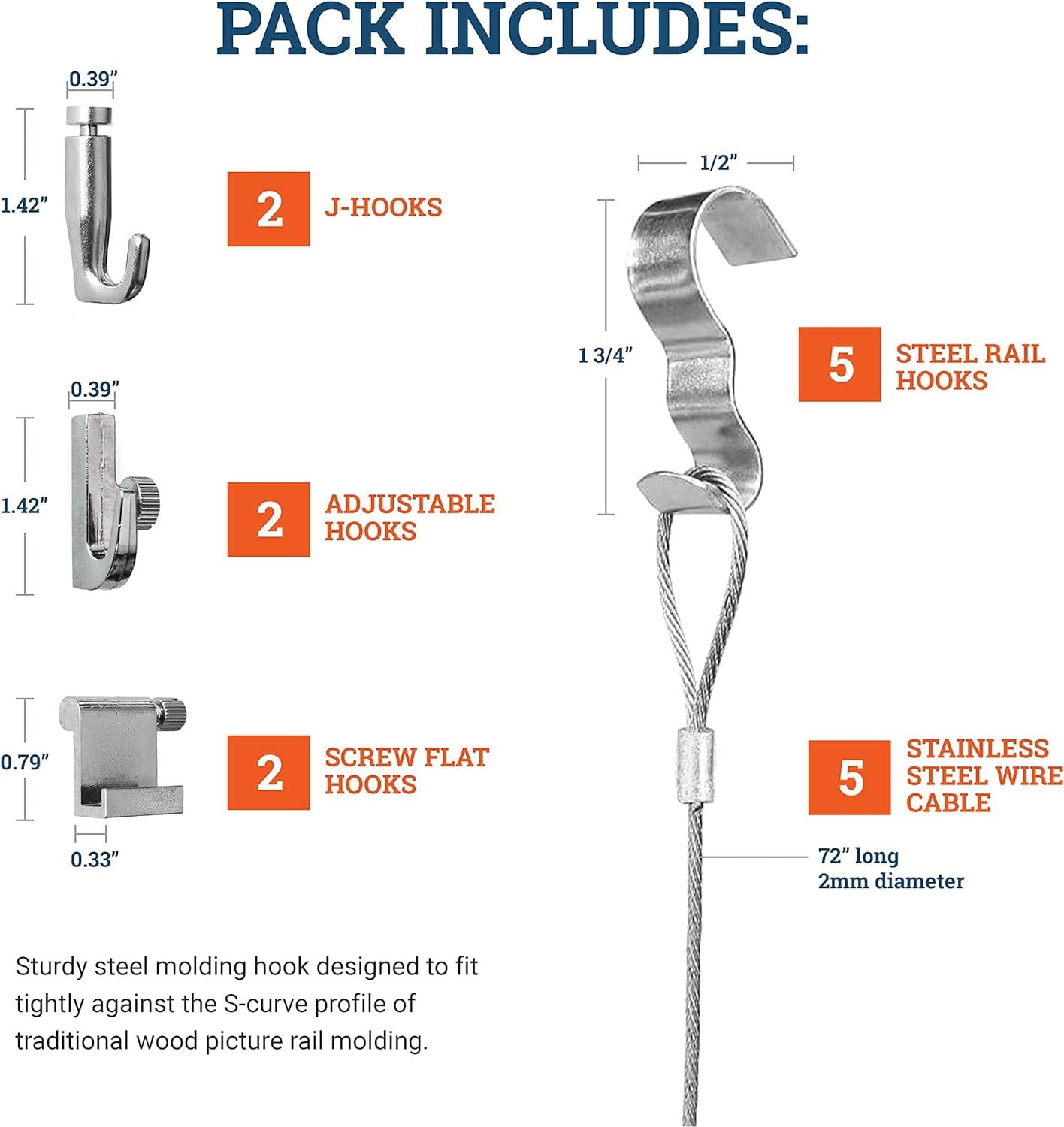 Picture Hang Solutions - Silver Picture Rail Molding Hooks - Gallery Hanging System - Includes Wire Cables and Adjustable Hooks 5 sets per pack