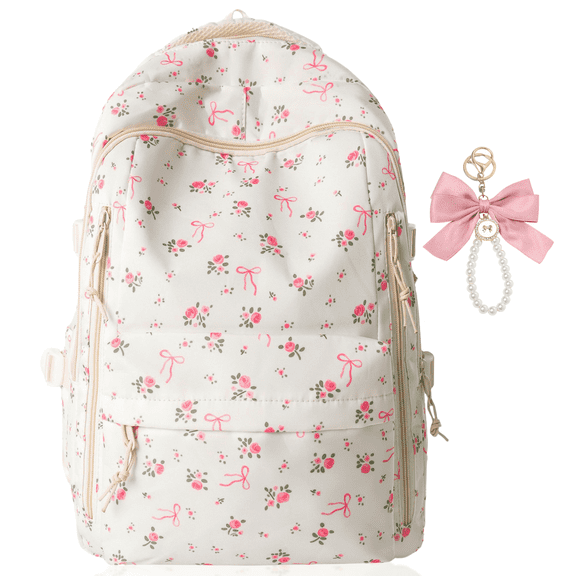Floral Bowknot Backpack - White Sweet Pastoral Design, Perfect for Travel, Commuting, and Sports
