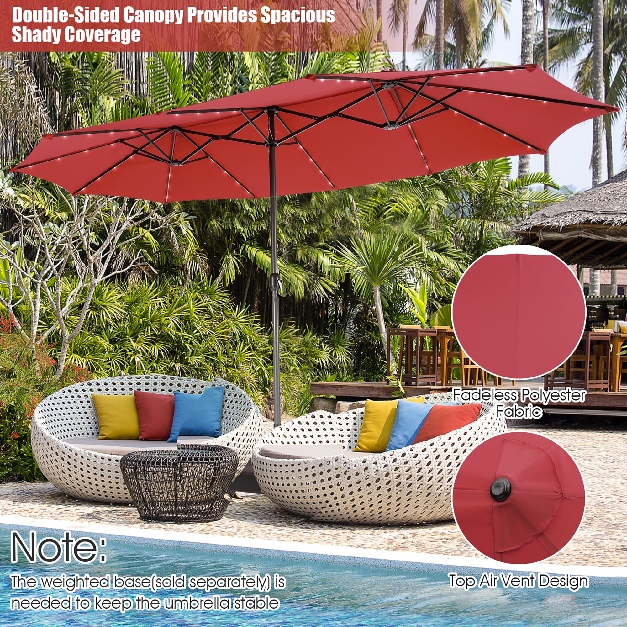 Gymax 15Ft Solar LED Patio Outdoor Double-Sided Umbrella w/ 48 Lights Crank Burgundy