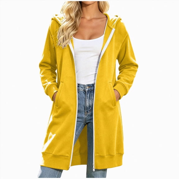 UOCUFY Long Hoodies for Women Zip Up Fleece Jacket Soft Long Sleeve Hooded Oversized Sweatshirt Winter Coat with Pockets Yellow,Size M