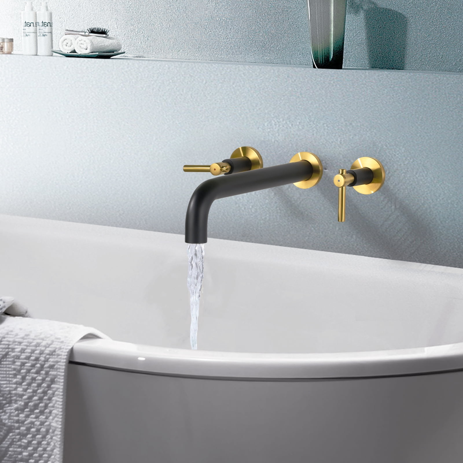 Wowow Cross Wall‑Mounted 2‑Handle Roman Tub Faucet with 12 in. Long Spout in Black and Gold, Brass Construction