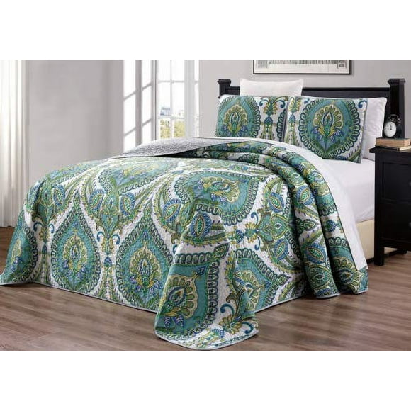 Grand Linen - 3-Piece Oversize (100 X 95) Fine Printed Prewashed Quilt Set Reversible Bedspread Coverlet Full/Queen Size Bed Cover (Turquoise Blue Grey White Sage Green)