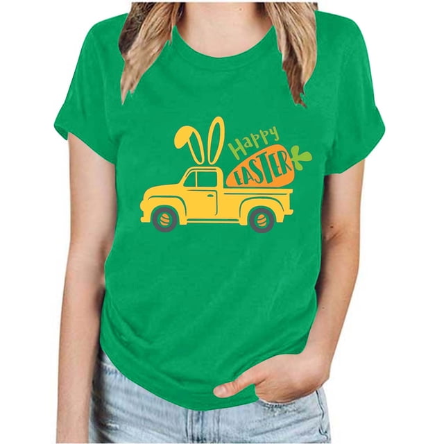 RKSTN Hauts Grande Taille pour Femmes Mode Été 2024 Col Rond Manches Courtes T-shirt Décontracté Ample Imprimé Graphique Voiture de Pâques