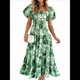 thumbnail image 3 of Vestido Midi Informal de Verano para Mujer, de Corta, Abullonado, con Cuello Cuadrado y Volantes Escalonados y Verde L, 3 of 7