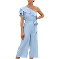 thumbnail image 1 of Gibobby Mono Ajustado de Verano Mujer Verano Casual Hombro inclinado Manga corta Volantes Cintura alta Pantalones largos Monos de pierna ancha Mamelucos(Aqua， M), 1 of 5