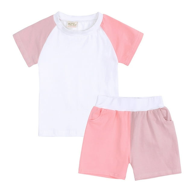SDNall Baby Girl Shorts Girls Solid Color Threaded Round Neck Short Sleeved and Shorts Two-Piece Set