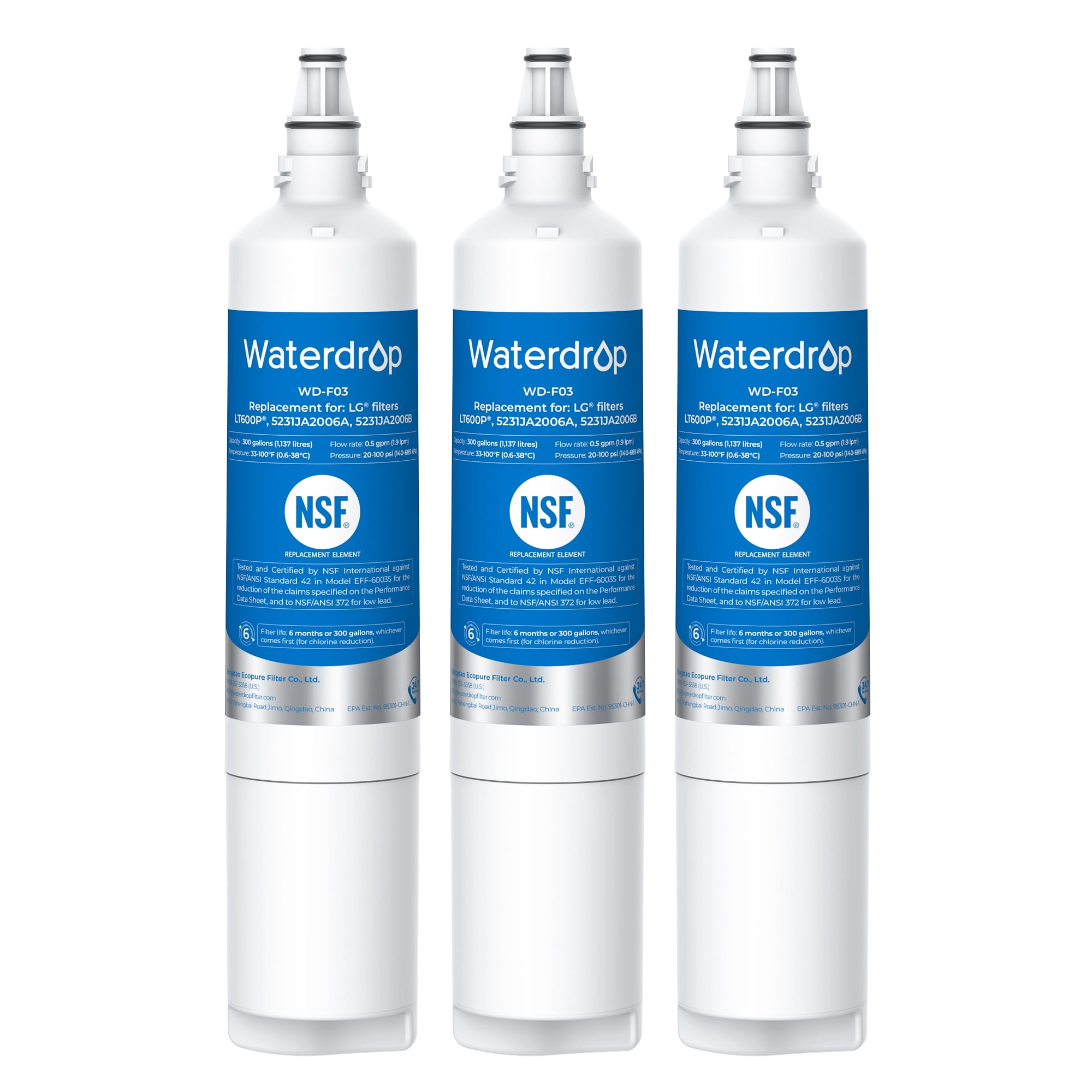 Waterdrop 5231JA2006A Replacement for LG® LT600P® Refrigerator Water Filter, fml-2, 46-9990, 9990, 5231JA2006B, RWF1000A, LFX25960ST, LSC27931ST, 3 Filters