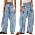 thumbnail image 3 of Pantalones de Mujer Holgados de Pierna , Estilo Palazzo, Informales, con Cordón en la Cintura y Bolsillos. Azul XL, 3 of 6