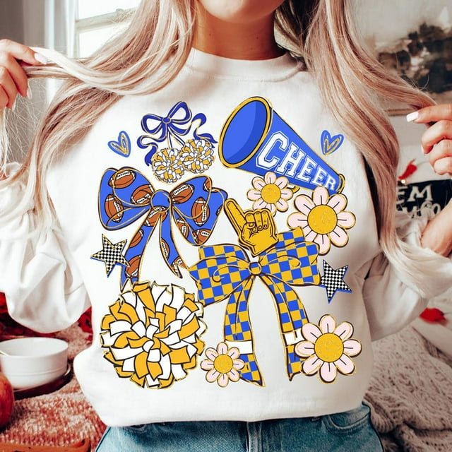 Cheer Coquette Sweatshirt, Blue Gold Cheer Mom Sweatshirt, Cheerleading Sweatshirt, Preppy Cheerleader Coquette Bow Sweatshirt, Cheer Season Sweatshirt