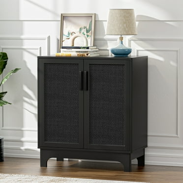 Eumyviv Mid Century Storage Cabinet, Rattan Buffet Sideboard with 2 Doors for Kitchen, Living Room, Bedroom, Hallway, Black H0095