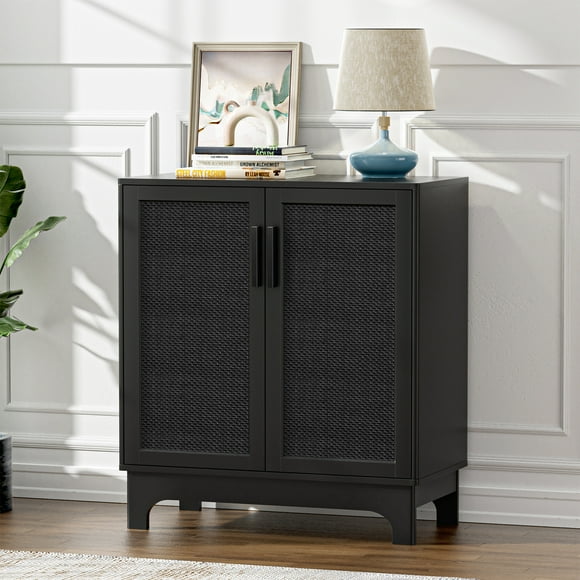 Eumyviv Mid Century Storage Cabinet, Rattan Buffet Sideboard with 2 Doors for Kitchen, Living Room, Bedroom, Hallway, Black H0095