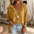 thumbnail image 4 of Setooff Solid Ruffle V Neck Loose Womens Tops, Lightweight Cotton Linen Blend 3/4 Length Sleeve Casual Trendy Womens Shirts, 4 of 7