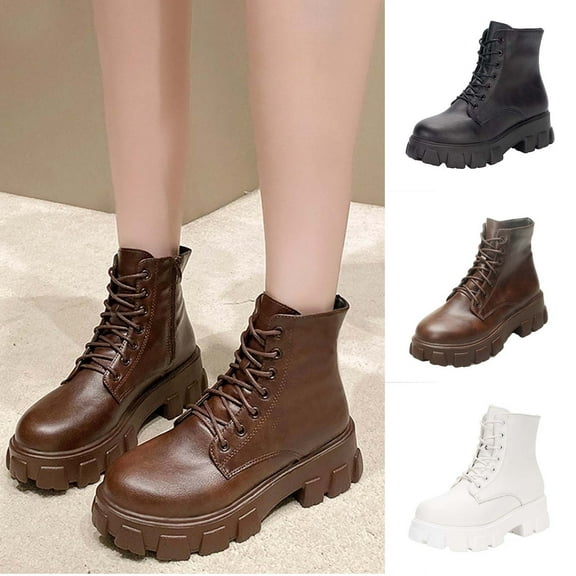 Hinvhai Women's Lace Up Combat Ankle Boots Fashion Low Chunky Heels Lug Sole Platform Hiking Booties Shoes White 9.5(43)