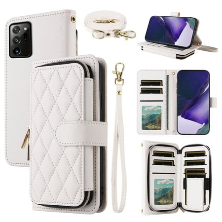 Argyle Wallet Case for Samsung Galaxy Note 20 Ultra 5G with Wrist Shoulder Strap, Zipper Flip Credit Card Holder Cell Phone Cover for Note20 Plus Notes 20Ultra Note20+ U + 20+ Twenty Not S20 White