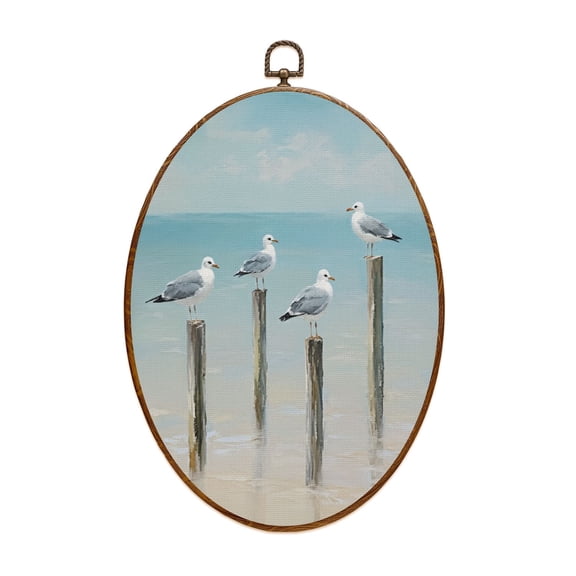 Coastal Canvas Wall Art Coastal Seagull Seabird Beach Lake Sea Ocean Themed Seagulls Wooden Posts Calm Oval Framed Canvas Prints Vintage Wall Hanging Decor for Home Decorations 8.6"x11.4"