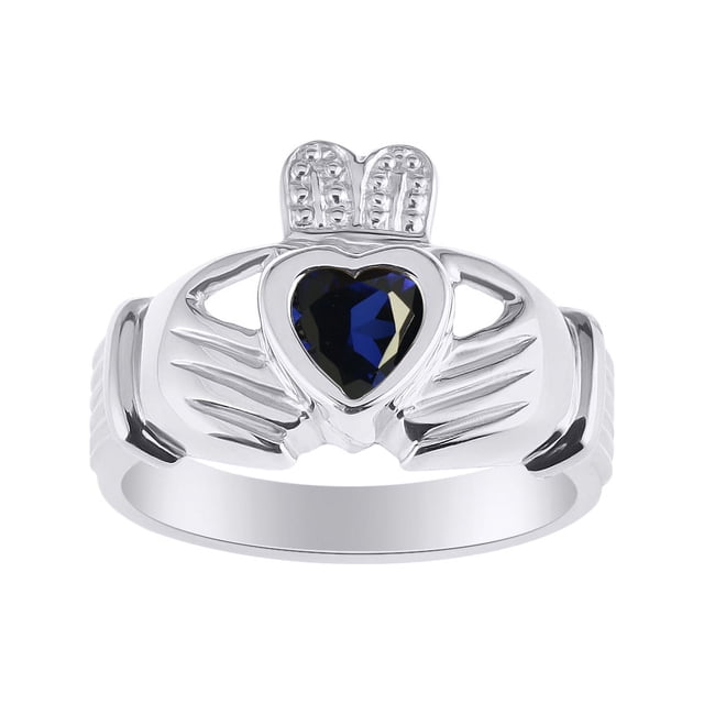 RYLOS Rings Sterling Silver Claddah Love, Loyalty & Friendship Heart 6MM Gem Irish Wedding Band Claddagh Rings September Sapphire Jewelry Size 7